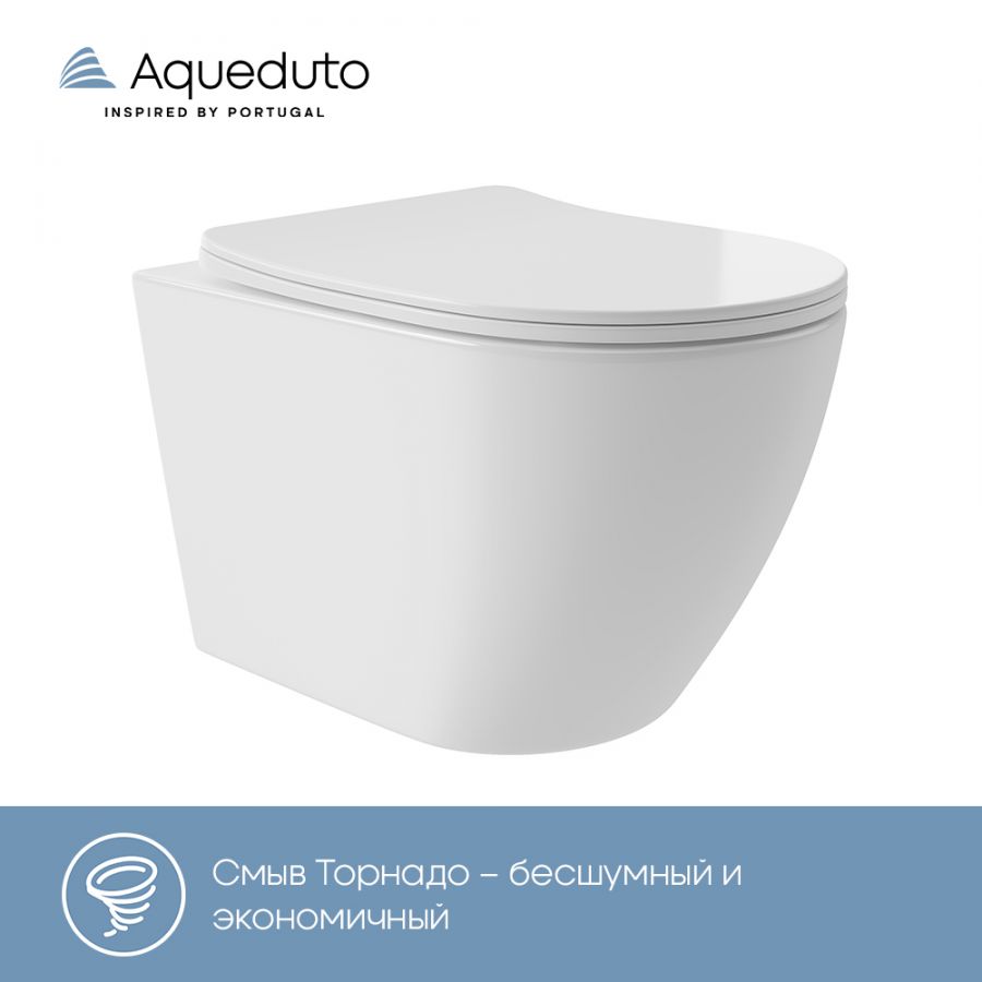 Aqueduto OVO Plus Унитаз подвесной 520*365 безободковый, Tornado, сиденье с микролифтом, белый глянцевый