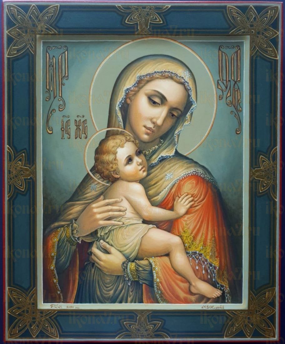 Икона Богородицы с младенцем 27x31см (Палех премиум - авторская рукописная)