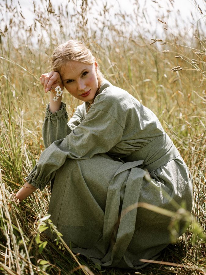 Платье кимоно зеленое из хлопка