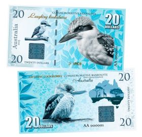 20 долларов — Смеющаяся КУКАБАРА. Животные Австралии. Laughing Kukubara Australia. Памятная банкнота. UNC  Oz Msh Ям