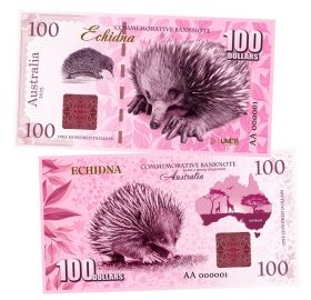 100 долларов — ЕХИДНА. Животные Австралии. Echidna Australia. Памятная банкнота. UNC Msh Ям