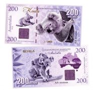 200 долларов — КОАЛА. Животные Австралии. Koala Australia. Памятная банкнота. UNC Msh Ям