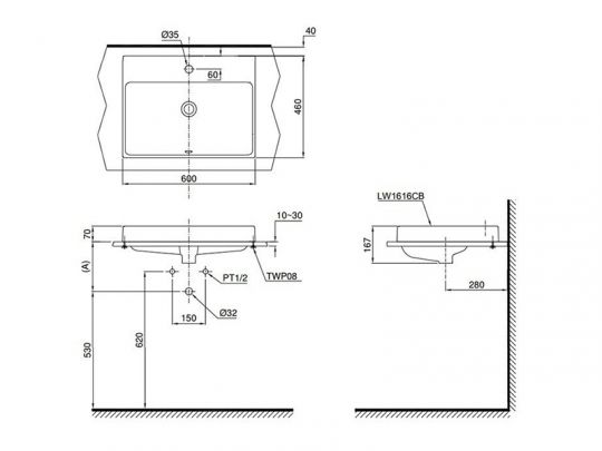 Раковина полувстраиваемая TOTO CONTEMPORARY L1616C 60х46 см схема 2