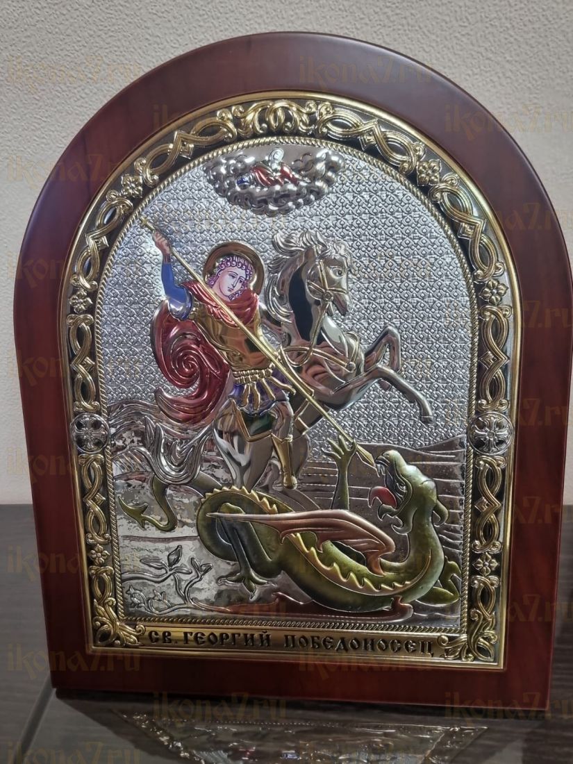 Георгий Победоносец (цветная эмаль)  с деревянной рамкой 28х35 см