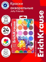 Акварель медовая ErichKrause «Jolly Friends», 24 цвета, УФ-фильтр, матовые насыщенные цвета, пластиковая коробка с европодвесом