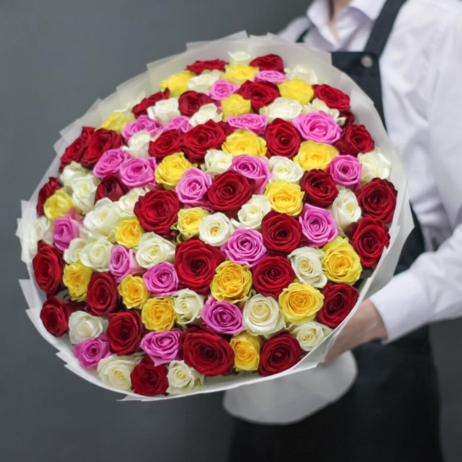 101 роза микс длины 50 см (Эквадор с крупным бутоном)
