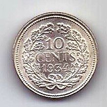 10 центов 1934 Нидерланды UNC  Редкий год