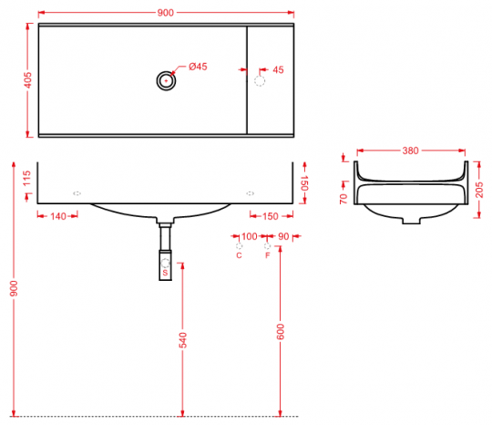 Раковина Artceram TT OSL011 90х40 схема 2