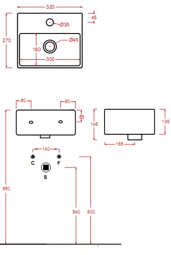 Рукомойник Artceram Quadro QUL006 32х27 схема 2