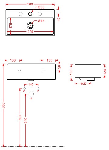 Раковина Artceram Quadro QUL001 50х27 схема 2