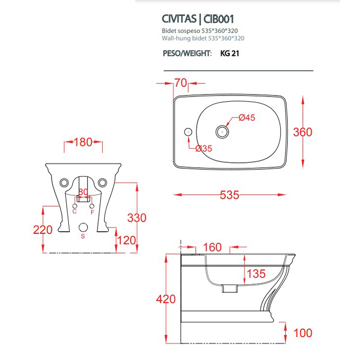 Биде подвесное Artceram Civitas CIB001 ФОТО