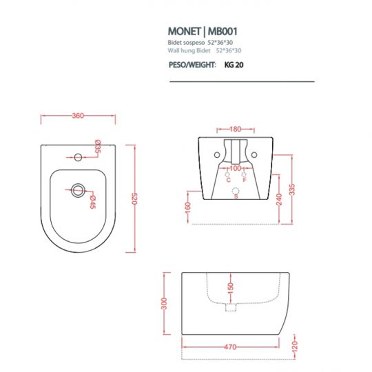Подвесное биде Artceram Monet 36x52 MNB001 схема 2