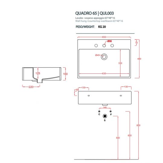 Раковина Artceram Quadro QUL003 65х48 схема 2