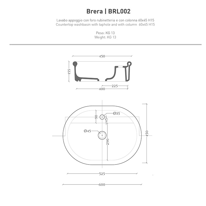 Раковина накладная Artceram Brera 60х45 см BRL002 ФОТО