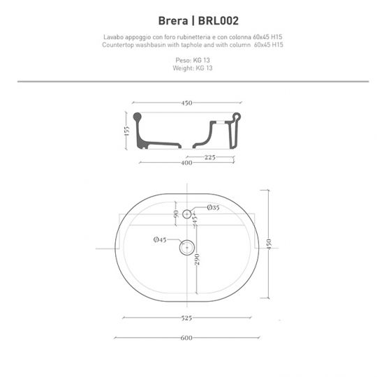 Раковина накладная Artceram Brera 60х45 см BRL002 схема 2