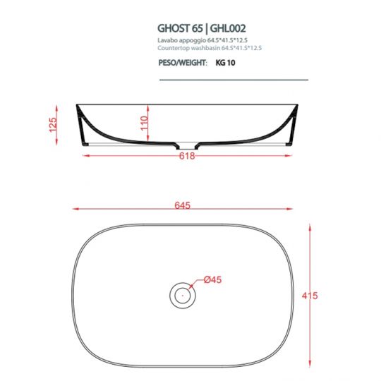 Раковина Artceram Ghost GHL002 65х42 схема 2 Раковина Artceram Ghost GHL002 65х42 схема 2