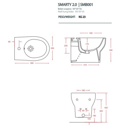 Биде подвесное Artceram Smarty 2.0 SMB001 без крепежа схема 2 Биде подвесное Artceram Smarty 2.0 SMB001 без крепежа схема 2
