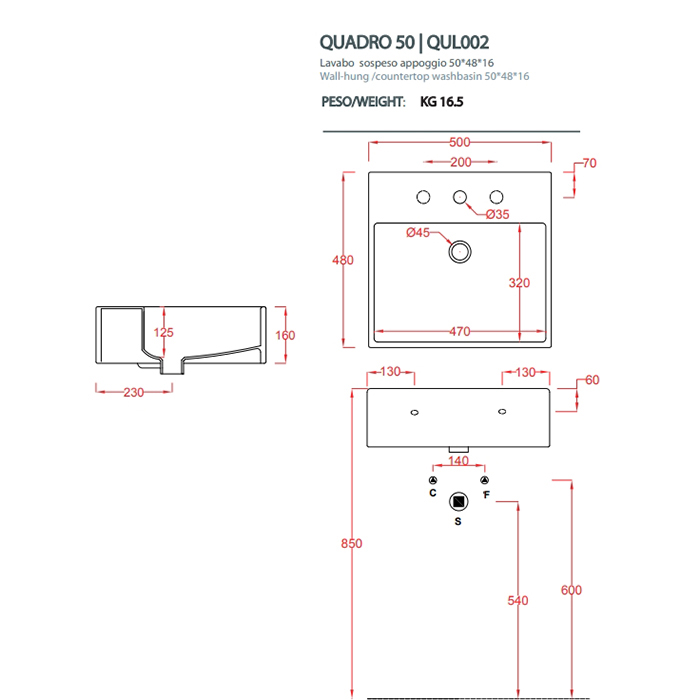 Раковина Artceram Quadro QUL002 50х48 ФОТО