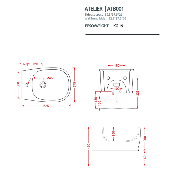Биде подвесное Artceram Atelier 370х520 мм ATB001 ФОТО