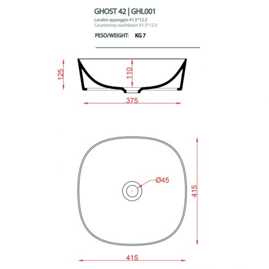 Накладная раковина Artceram Ghost GHL001 42х42 схема 2 Накладная раковина Artceram Ghost GHL001 42х42 схема 2