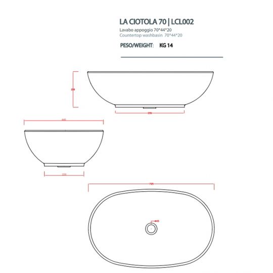 Раковина Artceram La Ciotola LCL002 70х44 схема 2