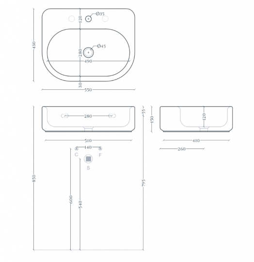Закругленная раковина Artceram Wonder WNL003 55x43 см подвесная или накладная схема 2