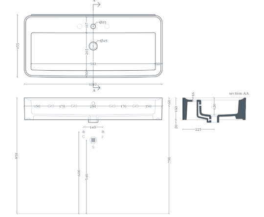 Прямоугольная раковина Artceram Rodolfo ROL005 100x45 см схема 2 Прямоугольная раковина Artceram Rodolfo ROL005 100x45 см схема 2