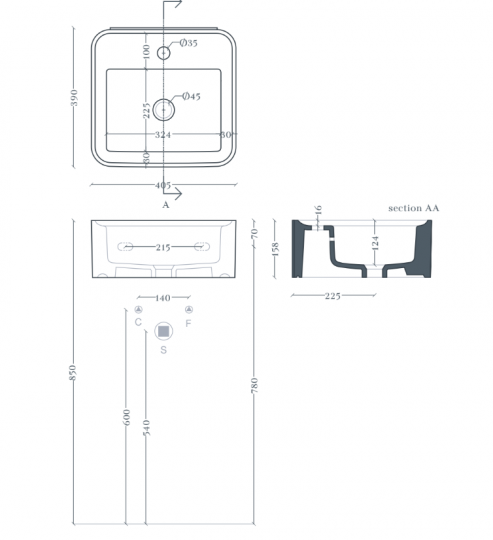 Прямоугольная раковина Artceram Rodolfo ROL004 40x38 см схема 2