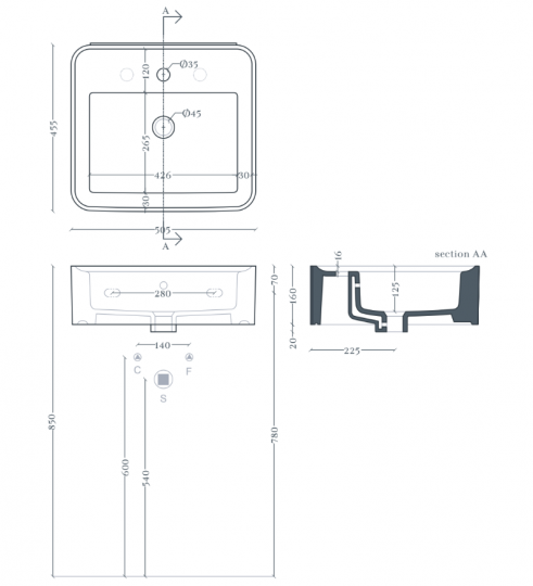 Прямоугольная раковина Artceram Rodolfo ROL003 50x45 см схема 2 Прямоугольная раковина Artceram Rodolfo ROL003 50x45 см схема 2