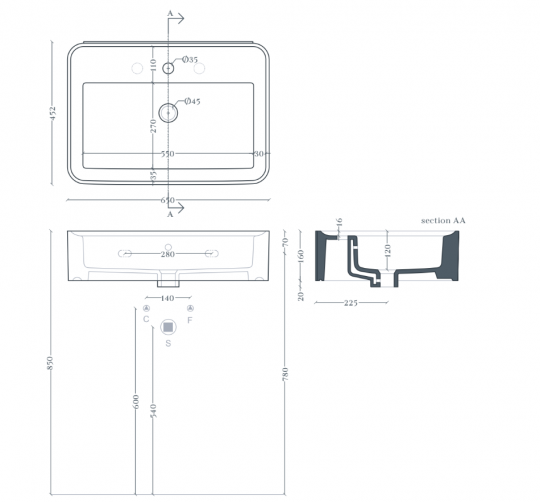 Прямоугольная раковина Artceram Rodolfo ROL002 65x45 см схема 2