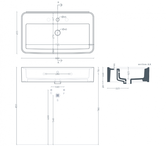 Прямоугольная раковина Artceram Rodolfo ROL001 80x45 см схема 2 Прямоугольная раковина Artceram Rodolfo ROL001 80x45 см схема 2