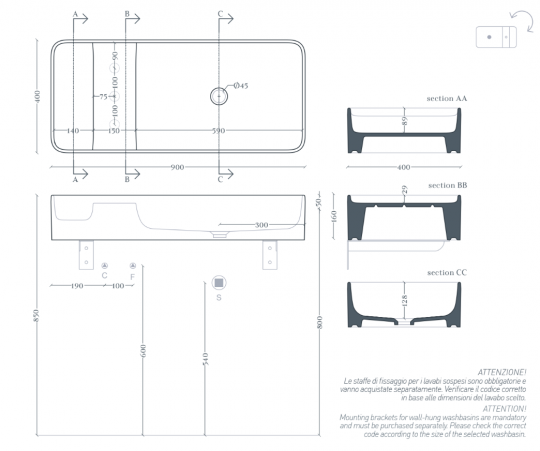 Прямоугольная раковина Artceram Brooklyn BNL002 90x40 см схема 2