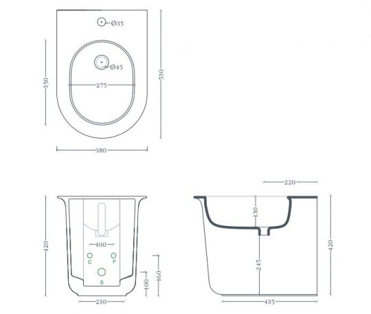 Биде напольное Artceram Chic 380x530 мм CHB002 схема 2 Биде напольное Artceram Chic 380x530 мм CHB002 схема 2