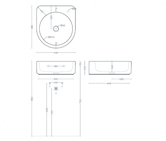 Закругленная подвесная раковина Artceram Wonder WNL004 48x44 см схема 2