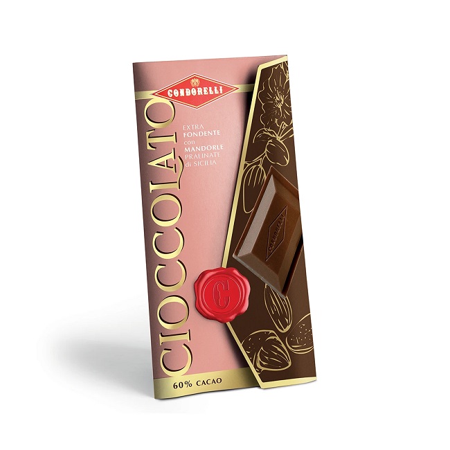 Шоколад темный с сицилийским миндалем пралине, Condorelli, 100 г, Tavoletta di cioccolato extra fondente con mandorle pralinate di Sicilia 100 g