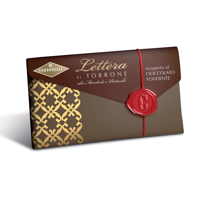 Торроне - конверт с шоколадной глазурью, Condorelli, 100 г, Lettera di torrone morbido ricoperto al cioccolato fondente 100 g