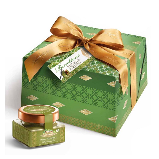 Панеттоне Маргарита с фисташковым кремом в банке, Condorelli, 900 г, Panettone Margherita con vasetto crema al pistachio e coltello spalma crema 900 g