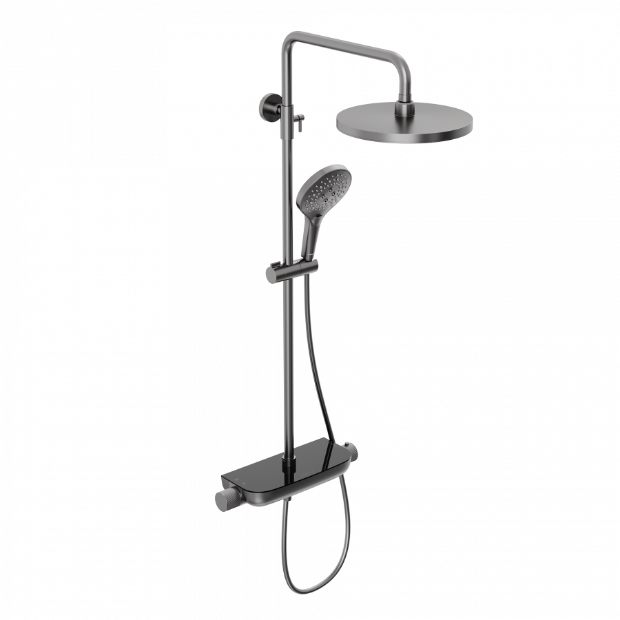 Душевая система ABELSBERG Lineara SNS52790GM с термостатом и полкой для душа, космическая сталь