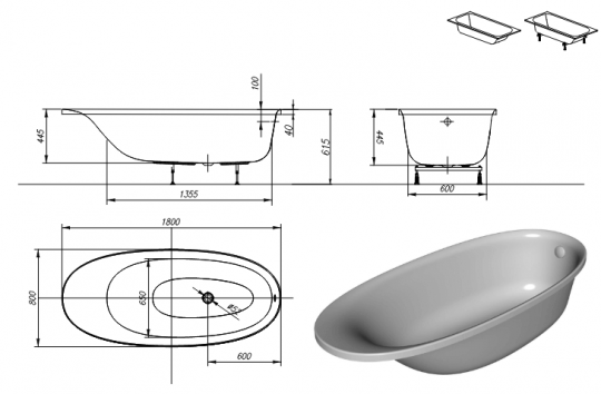 Встраиваемая акриловая ванна Kolpa-San Soft 180x80 схема 2