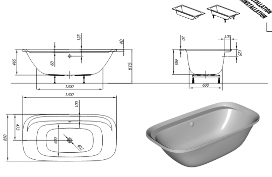 Встраиваемая акриловая ванна Kolpa-San Lux 170x85 схема 2