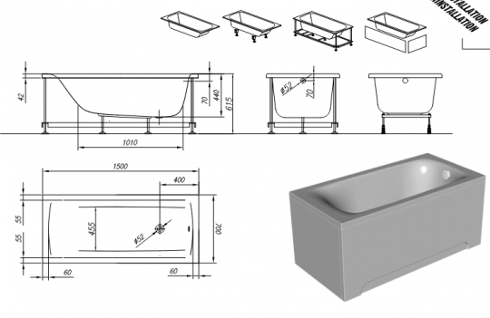 Прямоугольная акриловая ванна Kolpa-San Evelin 150х70 схема 2