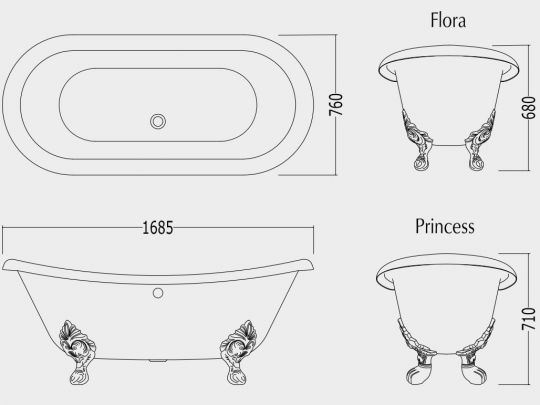 Чугунная ванна Devon&Devon Mida на лапах 168x76 схема 2