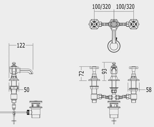 Смеситель для биде Devon&Devon Jubilee Black Cross с 3 отверстиями adjBCS14 схема 2 Смеситель для биде Devon&Devon Jubilee Black Cross с 3 отверстиями adjBCS14 схема 2