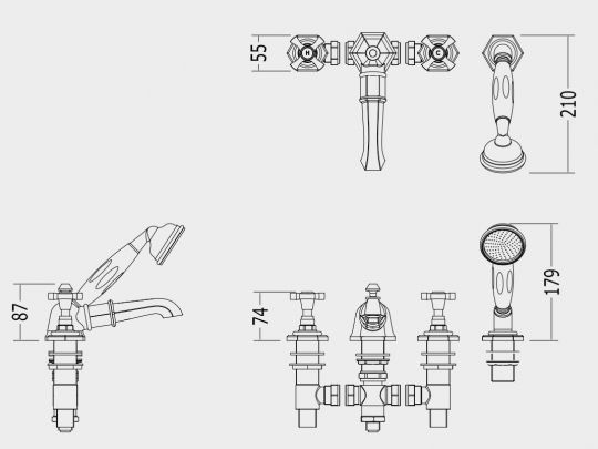 Смеситель для ванны и душа Devon&Devon Jubilee Black Cross adjBCS48 схема 2 Смеситель для ванны и душа Devon&Devon Jubilee Black Cross adjBCS48 схема 2