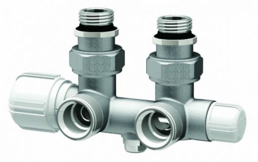 Н-образный термостатический узел с запорными клапанами 3/4" EU х НР 1/2", угловой FAR