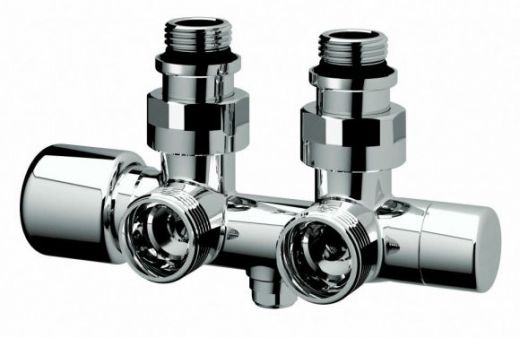 Н-образный термостатический узел с запорными клапанами 3/4" EU х 1/2" НР, угловой FAR