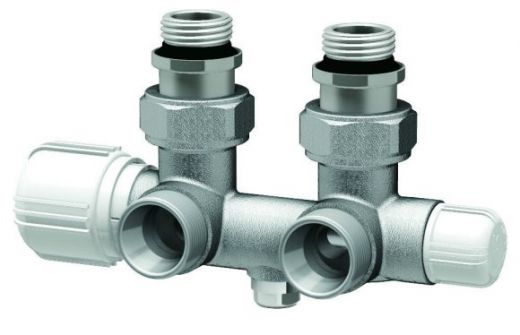 Н-образный термостатический узел с запорными клапанами М24х19 х НР 1/2", угловой FAR