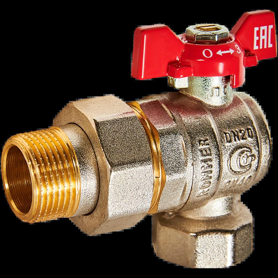 Кран шаровой угловой с американкой ВН/НР 3/4", бабочка ROMMER