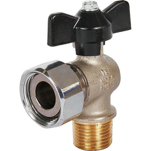 Кран шаровой с накидной гайкой угловой НР 1/2х3/4, ручка бабочка STOUT