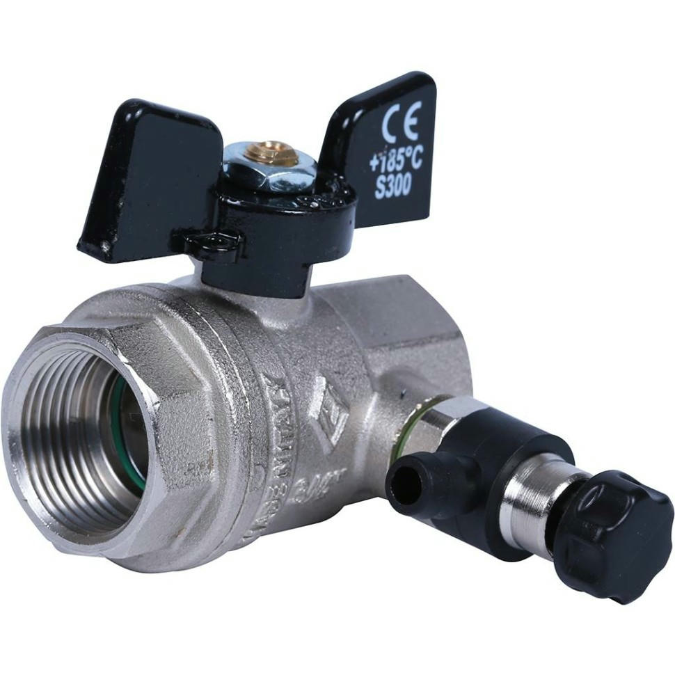 Кран шаровой ВВ 3/4 с заглушкой 1/4" и дренажным вентилем, бабочка OREGON серия 332 полный проход Bugatti